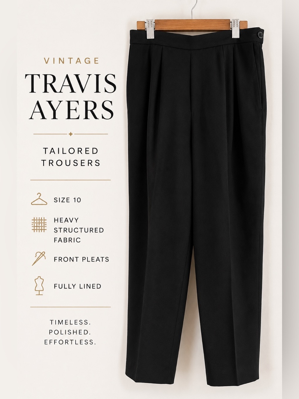 Vintage Travis Ayers Black Pleated Tailored Trousers Fully Lined Size 10